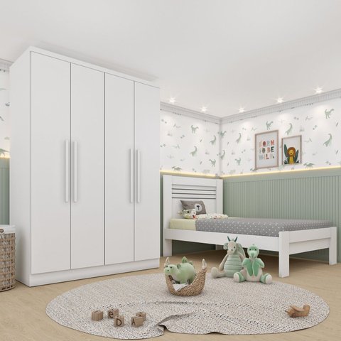 Conjunto Infantil com Guarda Roupa e Cama 100% MDF Harmonia Yescasa Branco/Neve