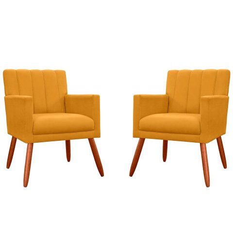 Kit 2 Poltronas Decorativa Cecília Couro Amarelo Pés Madeira Mz Decor