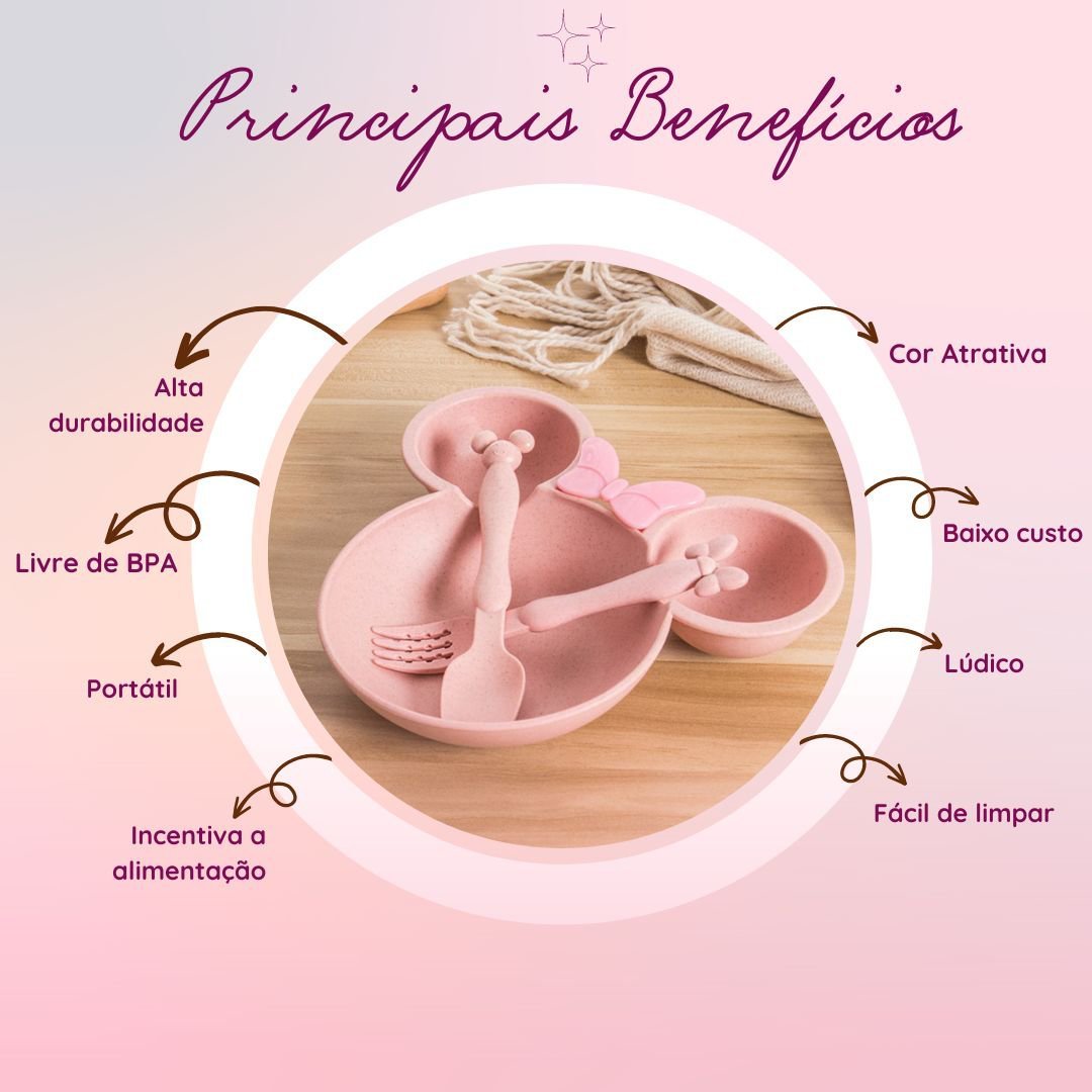 Prato Infantil Bebê com 3 Divisórias e Talheres Lancheira:Rosa - 3