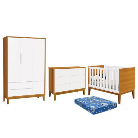 Dormitório Infantil Classic 3 Portas, Cômoda 6 Gavetas, Berço Branco/Savana com Pés Amadeirado e