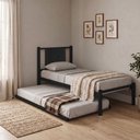 Ver imagem 1 de Cama Solteiro Bruna em Aço Industrial Preto com Auxiliar e Cabeceira Estofada Preto