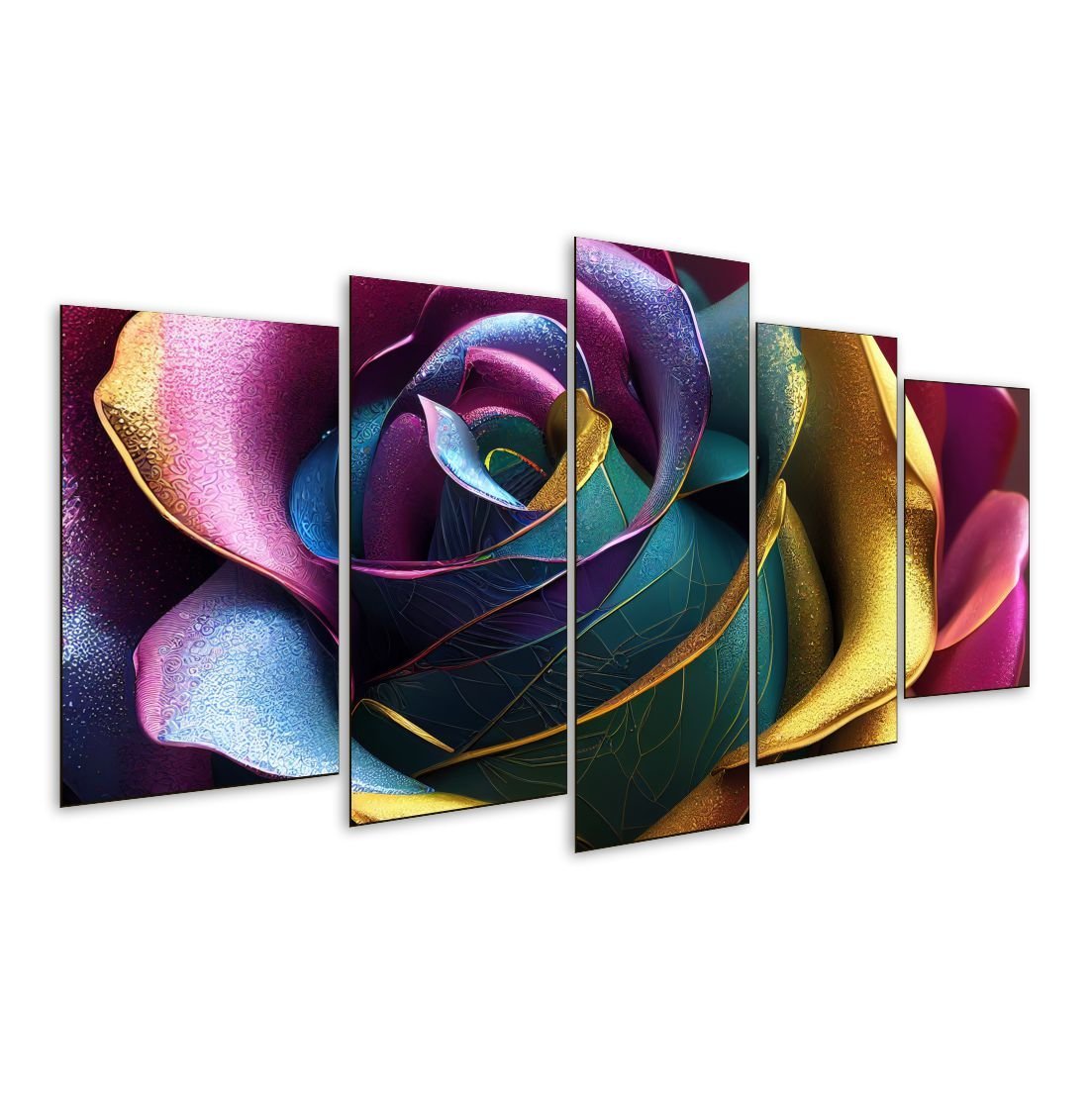 Quadro 5 Peças Rosa Planta Colorida Color Sala Flor Mosaico - 1