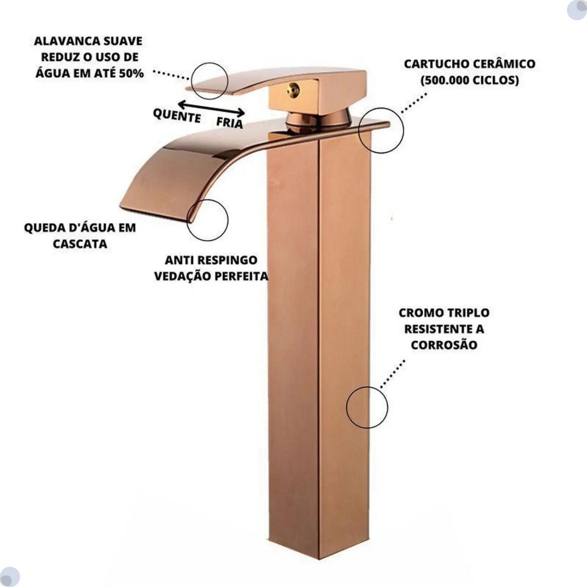 Torneira Banheiro Cascata Monocomando Misturador Alta Rose Gold - 2