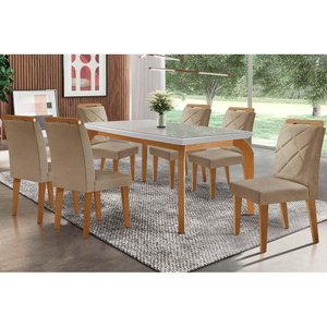 Conjunto: Mesa Sala Jantar Londrina Tampo Madeirado c/ Vidro 180cm + 6 Cadeiras Melissa Imbuia/Linho