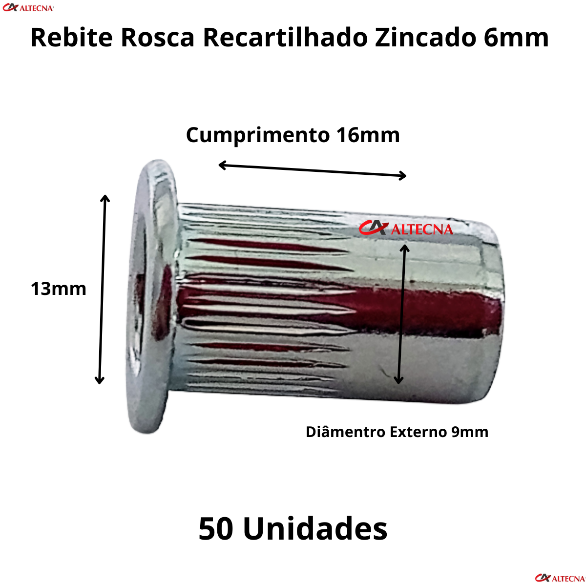 Rebite Rosca Recartilhado Cabeça Plana M6 Zincado 50 Peças - 4
