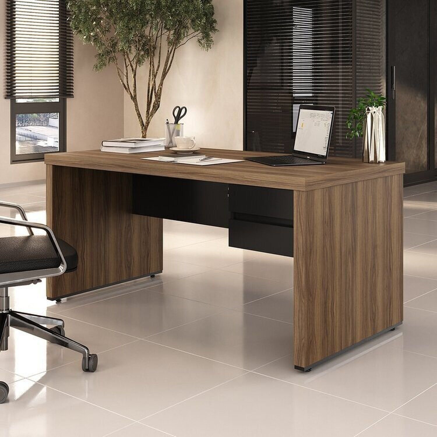 Mesa para Escritório Diretor em Tamburato com 2 Gavetas 160cm Elegance