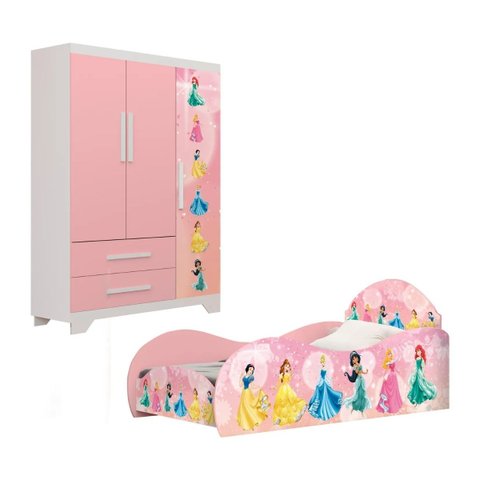 Jogo de Quarto Infantil Meninas Princesa Cama e Roupeiro
