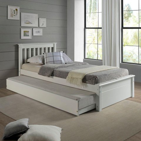Conjunto Cama Solteiro Inglesa com Cama Auxiliar em Madeira Maciça Branco