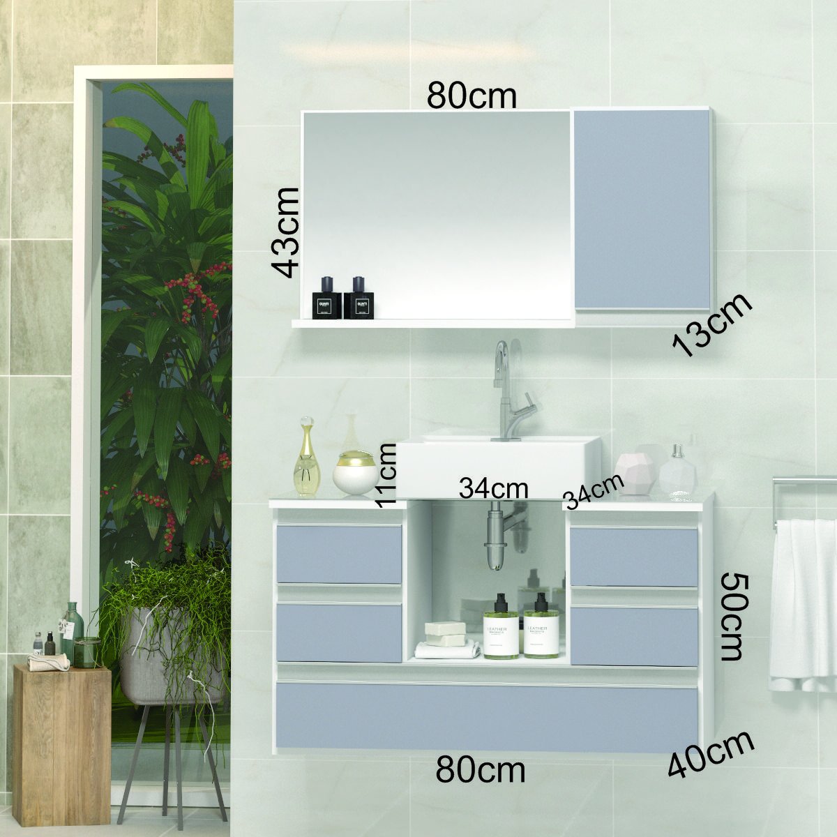 Conjunto Gabinete Banheiro VENUS 80cm Branco/Cinza- Gabinete + Cuba + Espelheira + Tampo Vidro - 2