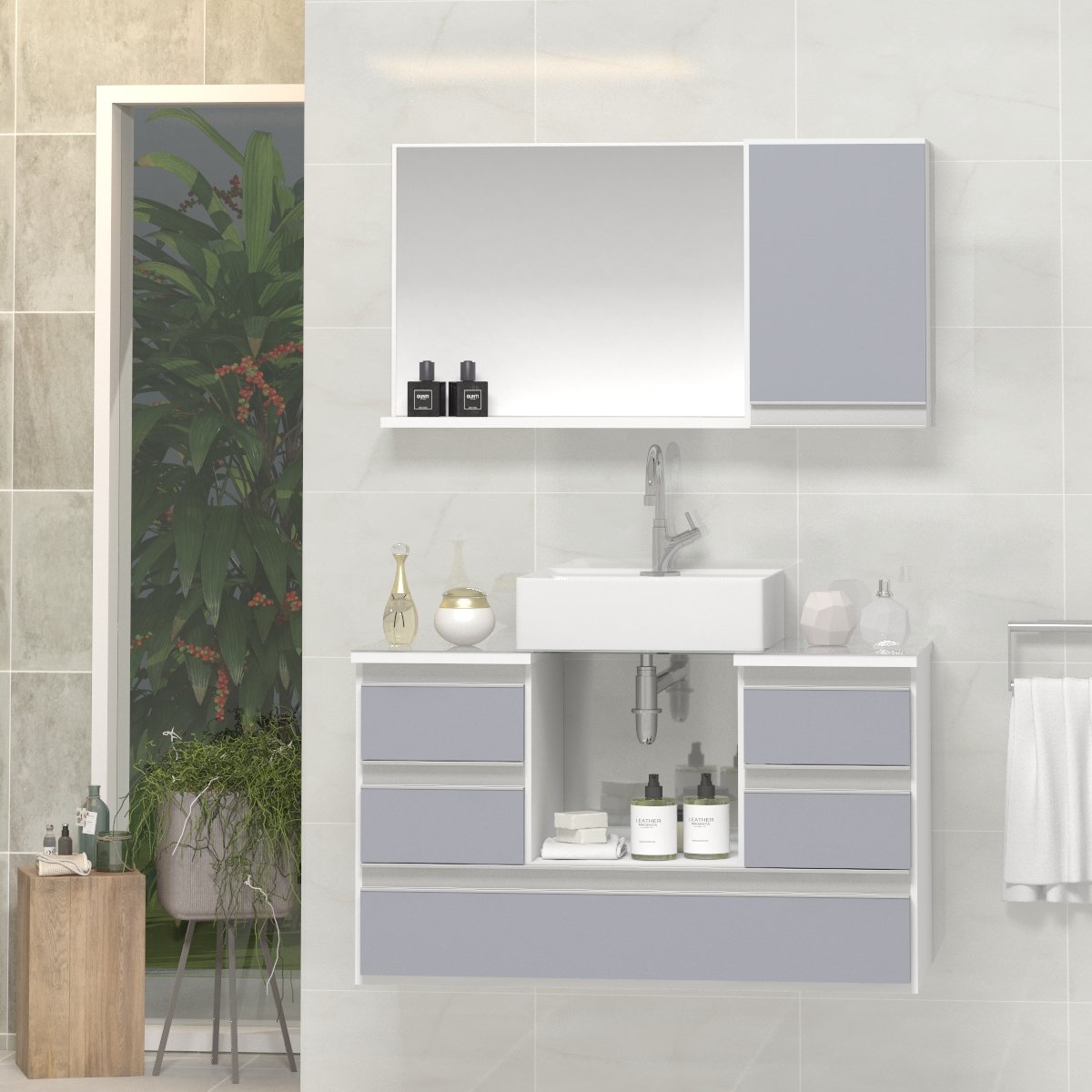 Conjunto Gabinete Banheiro VENUS 80cm Branco/Cinza- Gabinete + Cuba + Espelheira + Tampo Vidro - 1