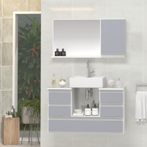 Conjunto Gabinete Banheiro VENUS 80cm Branco/Cinza- Gabinete + Cuba + Espelheira + Tampo Vidro