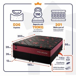 Conjunto Cama Box c/ Molas Ensacadas Toronto Vermelho King 193x203x66 - 3