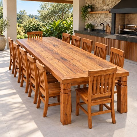 Conjunto Sala de Jantar Mesa 3m com 12 Cadeiras Madeira Maciça de Demolição Made Wood