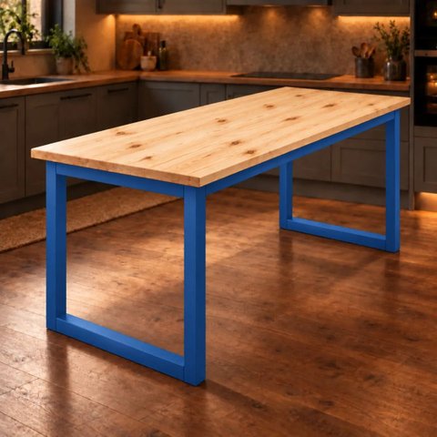 Mesa de Jantar Reforçada Industrial 180x80cm Tampo Bege Pés Azul