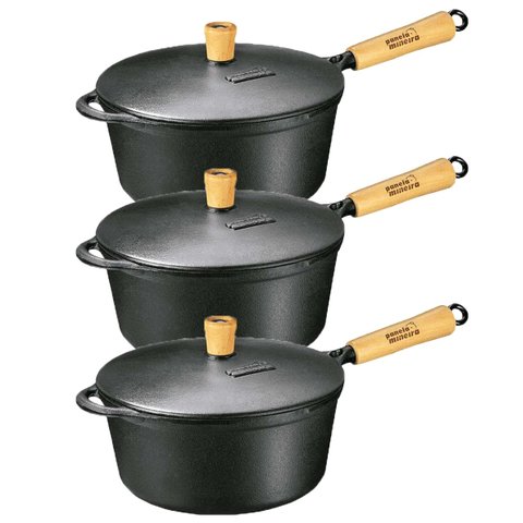 Kit Caçarolas de Ferro Tampa Ferro Cabo Madeira 19,21 e 25cm
