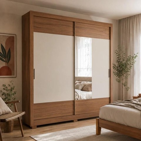 Guarda-Roupa Casal com Espelho 2 Portas de Correr 6 Gavetas Soho 240 cm - Canella c/ Off White