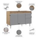 Ver imagem 3 de Balcão Gabinete 120cm 3 Portas 2 Gavetas Michigan Castanho/Cinza - Lumil Móveis