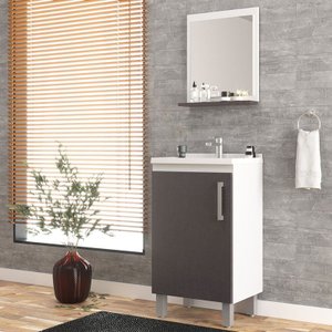 Gabinete de Banheiro Kit 03 Peças 45cm com Espelho e Lavatório Ref 452 Cewal - Branco/grafite