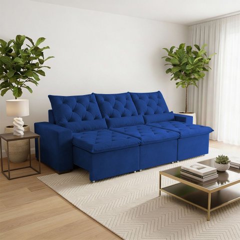 Sofá Retrátil Design 230m Suede Elegante Estrutura Reforçada e Sistema Reclinável Moderno Milão Azul