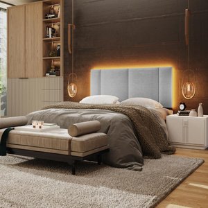 Cabeceira Casal Estofada com Led - Linho Cinza