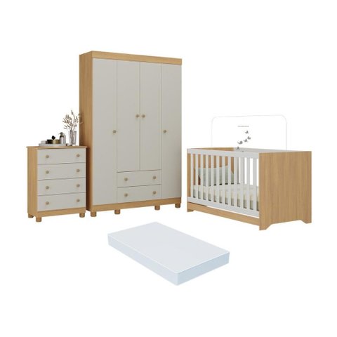 Quarto de Bebê Completo Berço Americano 3x1 Colchão Allegra Multimóveis Mp4602 Madeirado/off