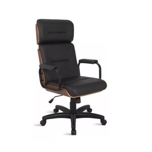 Cadeira Presidente Wood Encosto com Madeira, Couro Ecológico Preto Base em Aço com Relax