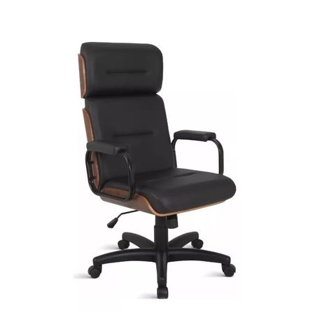 Cadeira Presidente Wood Encosto com Madeira, Couro Ecológico Preto Base em Aço com Relax