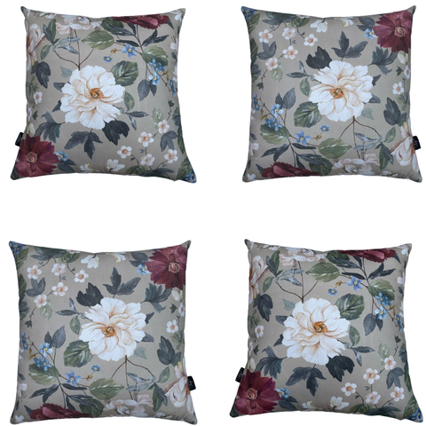 Kit 4 Capas de Almofada Impermeável Estampa Digital 100% Algodão Flor Branca Vinho 43CMX43CM