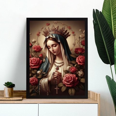 Quadro Nossa Senhora com Terço - Flores 33x24cm - com Vidro:moldura Branca