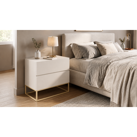 Mesa de Cabeceira Moderna Grande Eros 60cm para Cama Branco Base de Ferro Dourado