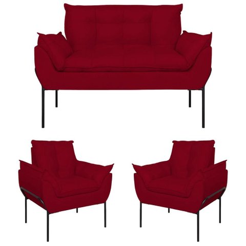 Kit 02 Poltronas + Namoradeira Pé Metal Preto Recepção Sala Cor:vermelho