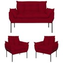 Ver imagem 1 de Kit 02 Poltronas + Namoradeira Pé Metal Preto Recepção Sala Cor:vermelho
