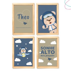 Quadro decoração quarto menino ursinho aviador moldura vidro:Pinus