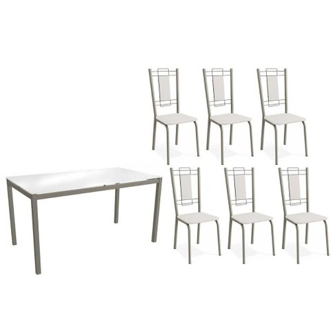 Conjunto: Mesa de Cozinha Reno C/ Tampo de Vidro 150cm e 4 Cadeiras Florença Niquel - Courano