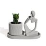 Conjunto Decorativo 3pçs Estátua Pensadora Vaso Contemporâneo e Bandeja - Cinza - 1