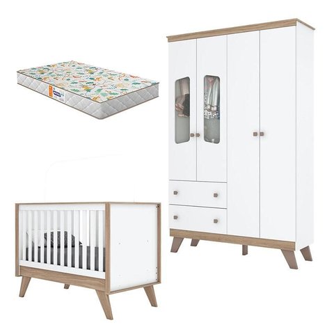Berço Americano e Guarda Roupa Infantil Confete Branco Brilho Jequitibá Hp com Colchão Gazin - Henn