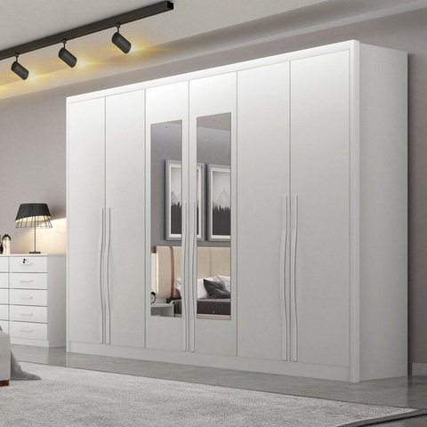 Guarda-Roupa Casal 6 Portas 6 Gavetas com Espelho 100% MDF Reno 276x236cm Branco