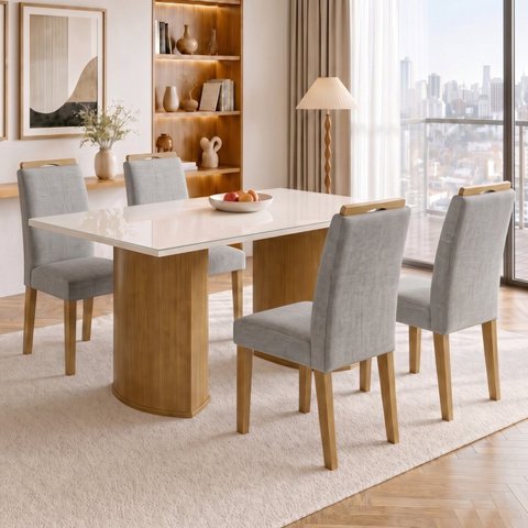 Conjunto de Mesa de Jantar 4 Lugares Isla e Lyra 120x80cm Cinamomo Off White e Cinza