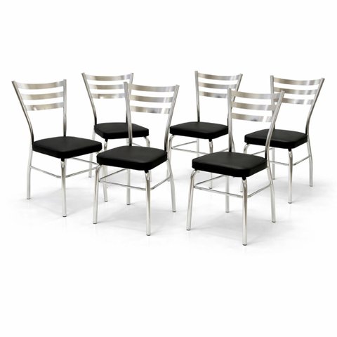 Kit 6 Cadeiras de Cozinha Cromadas Reforçadas com Assento Grosso Preto