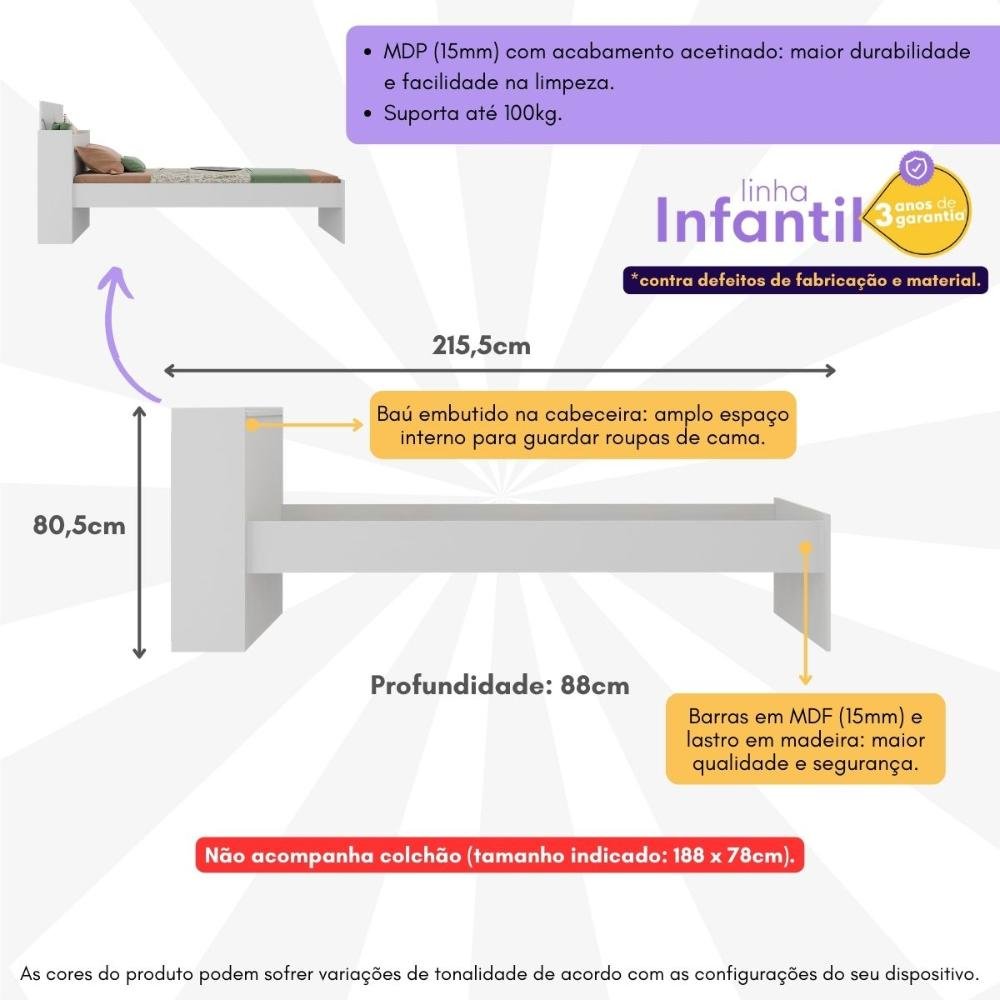 Cama de Solteiro para Colchão 188 X 78cm com Baú Embutido Multimóveis Mp4229 - 3