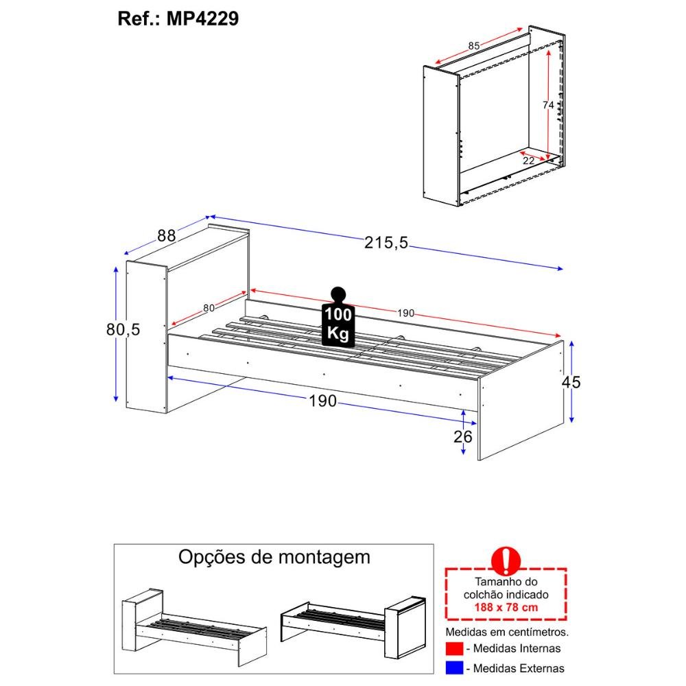 Cama de Solteiro para Colchão 188 X 78cm com Baú Embutido Multimóveis Mp4229 - 4