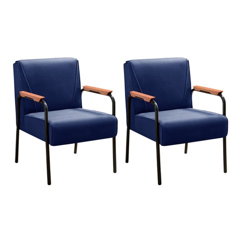 Kit 2 Poltronas Decorativas Jade Braços Fixo para Sala de Estar, Recepção - Suede Azul Marinho