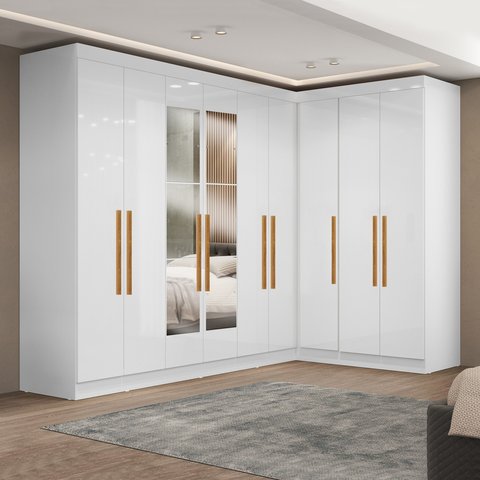 Guarda-Roupa Modulado de Canto com Puxadores MDF e Espelho Paris Branco