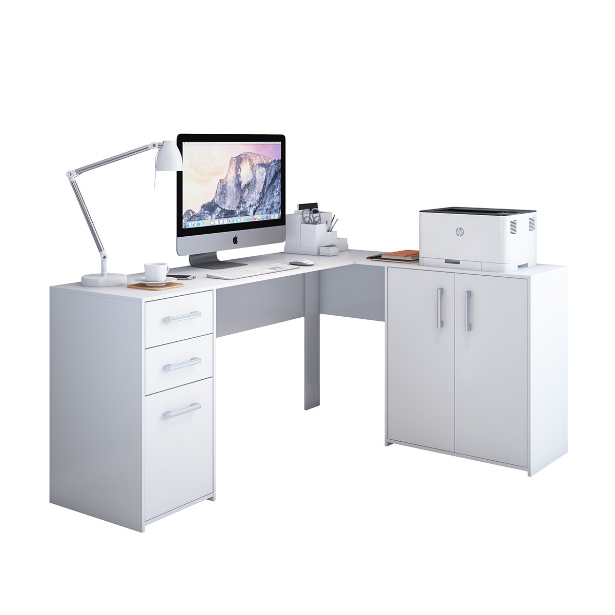 Escrivaninha Mesa para Computador em L Office Denver 2 Gavetas 1 Porta 155cm Cor:branco - 6