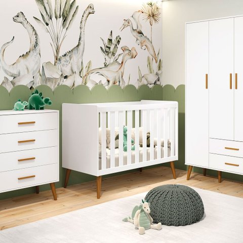Kit Comoda Gaveteiro e Guarda Roupa Isis Retrô 3 Portas 2 Gavetas Infantil Branco Fosco - Reller