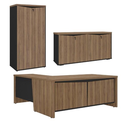 Mesa Escritorio em L 190x180 cm com Armario e Balcao Nogal Preto Artany