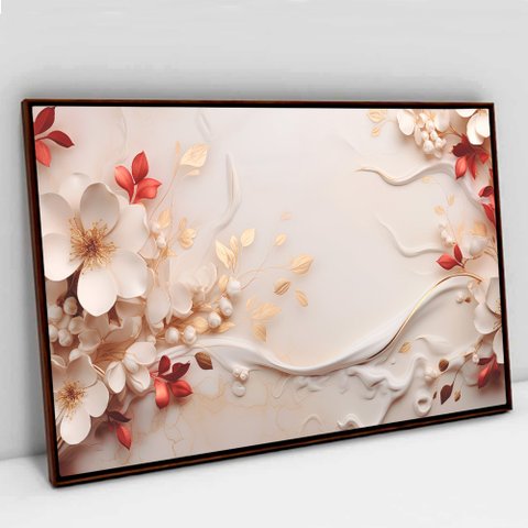 Quadro Decorativo Floral Luxo Flores em Tela Canvas Tacolado Moldura Flutuante 4,5cm Madeira 80 X 12