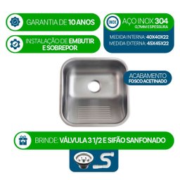 Tanque As Inox 304 Fosco 40x40 Medio Sobrepor e Embutir 25l - 2
