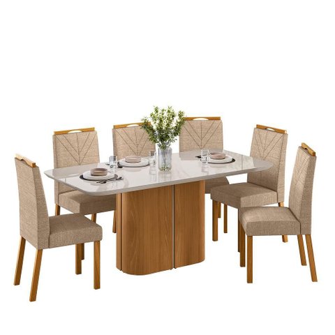 Conjunto Sala de Jantar Mesa Serena 160x90 6 Cadeiras Anitta Ype/off/linho Areia