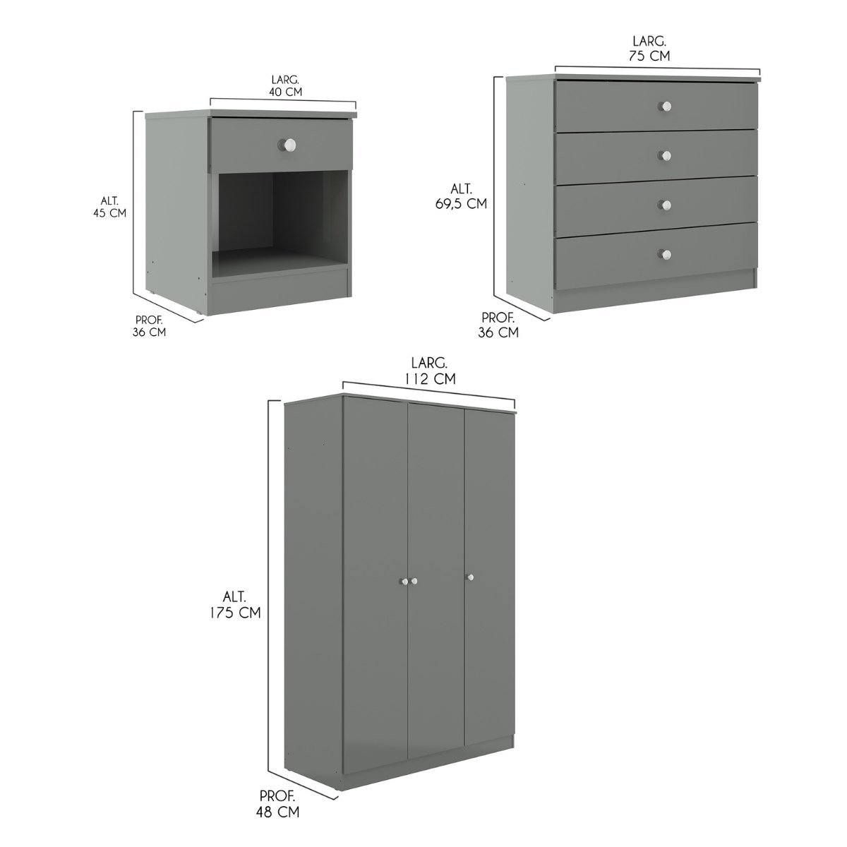 Kit Quarto Solteiro com Guarda Roupa Cômoda Mesa de Cabeceira Cinza - 4